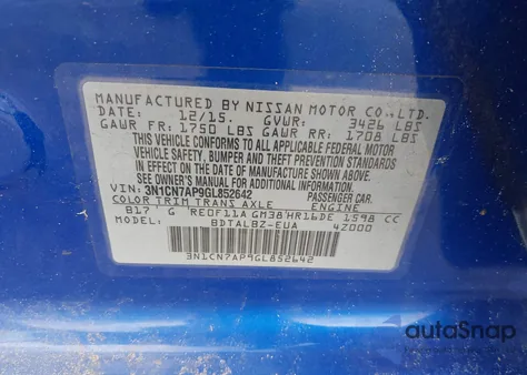 2016 Nissan Versa 1.6 S/1.6 S+/1.6 Sl/1.6 Sv из США, поврежденный, VIN 3N1CN7AP9GL852642